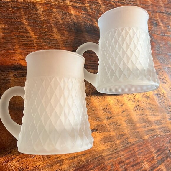 Two Indiana Glass Satin Frosted  Diamond Vintage Mugs - Picture 1 of 9